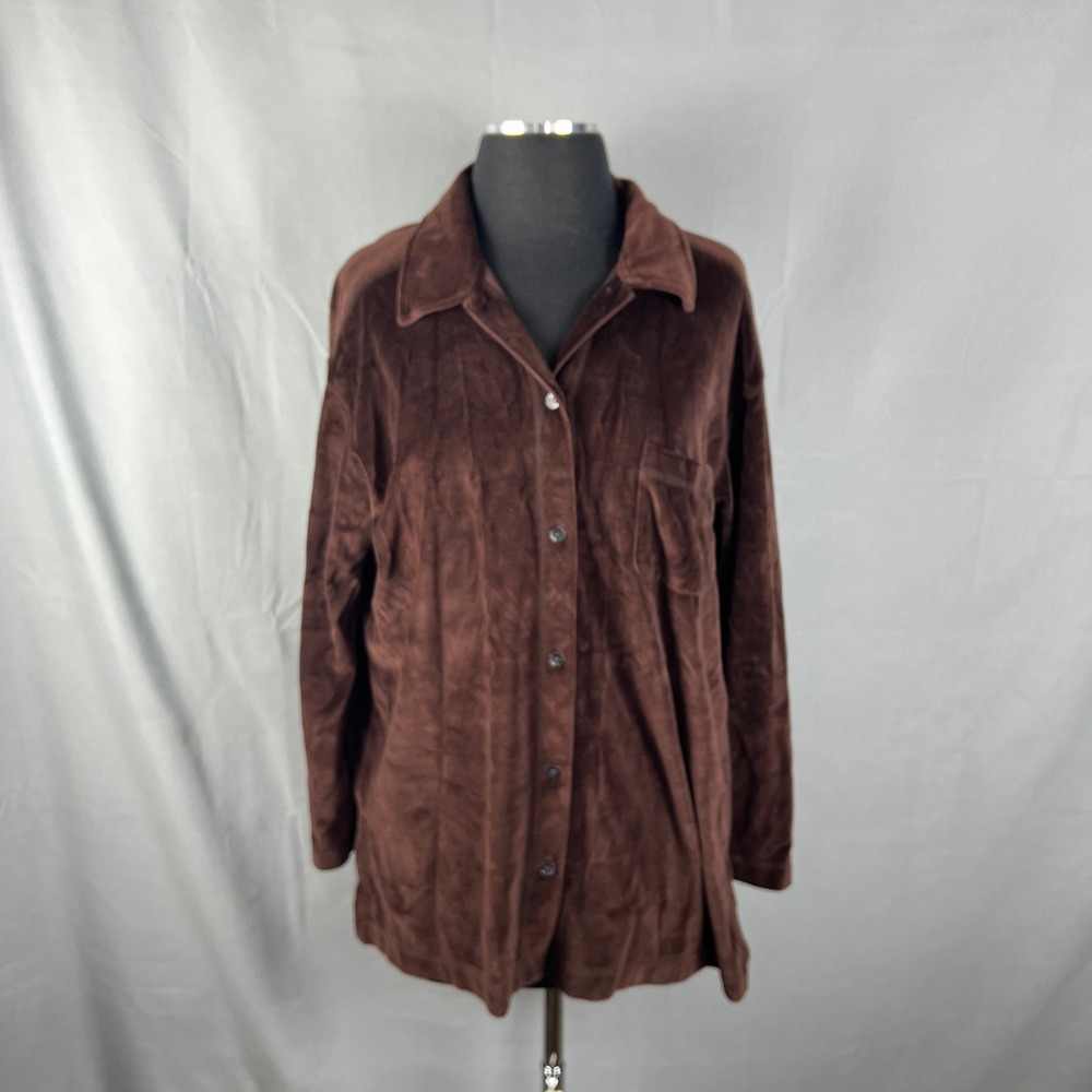 GW Pajama Top Womens Medium Brown Side Slit Button Front Sleepwear Chest Pocket
